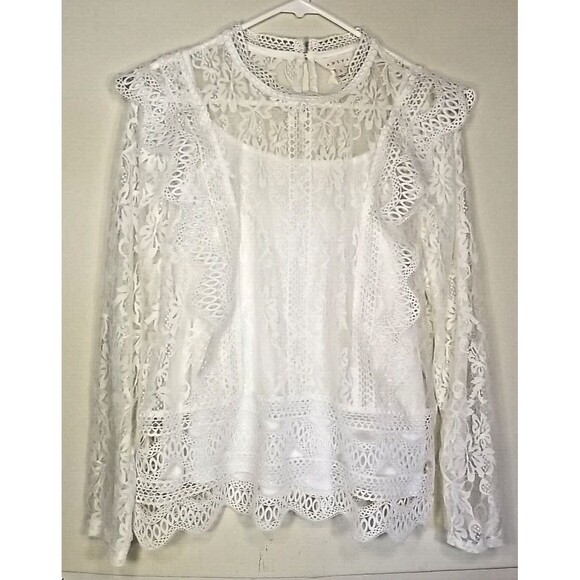 Adiva Lace White Top Attached Camisole Long Sleeve Womens Size Large NWOT.  T27 - Picture 1 of 8